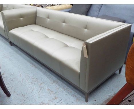 SOFA, two seater, in silvered silk effect fabric on square wooden supports, 220cm L. (with faults)