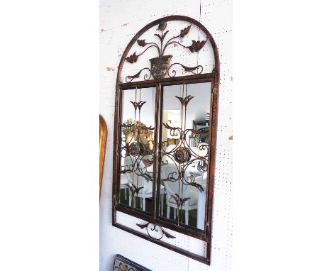 WALL MIRROR, coppered verdigris, metal frames, with front doors, wall fixings attached, 130cm H x 70cm W.