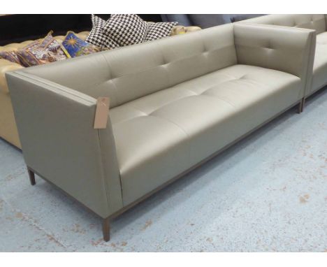 SOFA, two seater, in silvered silk effect fabric on square wooden supports, 220cm L. 
