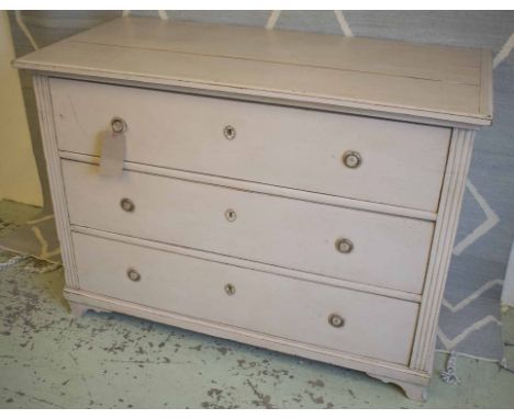 COMMODE, 19th century Scandinavian grey painted with three large drawers, flanked by fluted pilasters, 129cm x 62cm x 95cm H.