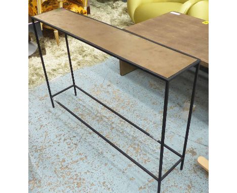 CONSOLE TABLE, rectangular with gilt metal top, 118cm x 25cm x 80cm.