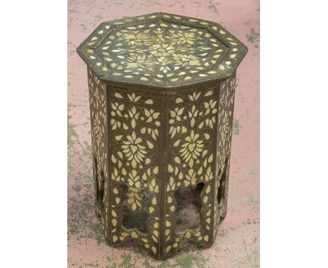 OCCASIONAL TABLE, vintage Moorish octagonal hardwood and mother of pearl and bone inlaid, 40cm D x 50cm H. (with faults)
