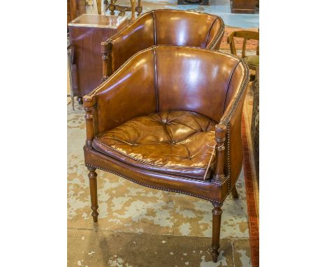 LIBRARY DESK CHAIRS, a pair, George III design mahogany with vintage hand finished studded leaf brown upholstery with rounded