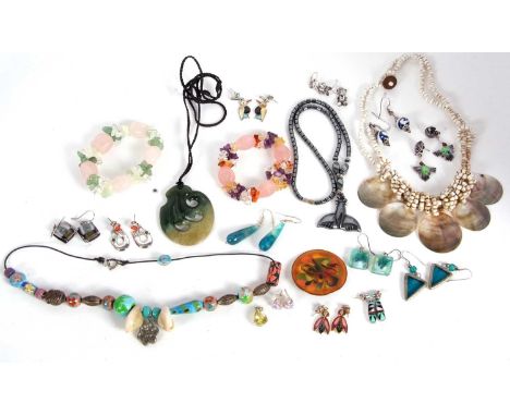 A quantity of assorted jewellery, to include a hematite whale tail and bead necklace, gemset bead bracelets, shell, jade, CZ,