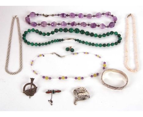A mixed lot of jewellery to include a graduated malachite bead necklace and earrings, an amethyst bead necklace, an amethyst 