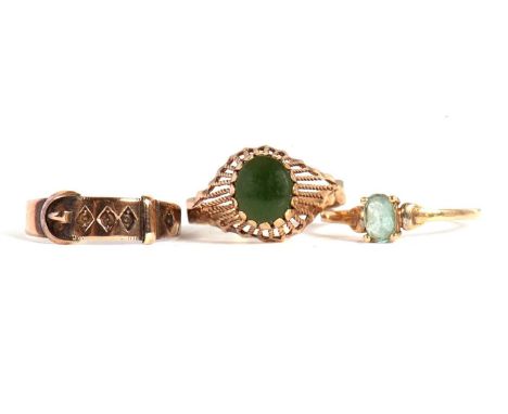 Three rings, to include a 9ct buckle ring hallmarked Brimingham 1885, (a/f), a jade ring stamped 9ct and a pale blue stone ri