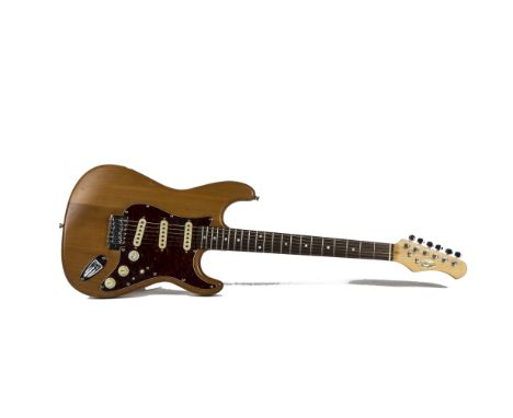 Electric Guitars, Aria STG-series tobacco sunburst signs of repair with Ritter gig bag together with a Stagg Strat style (nat