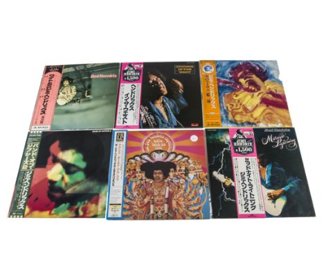 Jimi Hendrix, six Japanese albums comprising Axis Bold as Love, Hendrix Concerts, Midnight Lightning, Band of Gypsys 2, Isle 