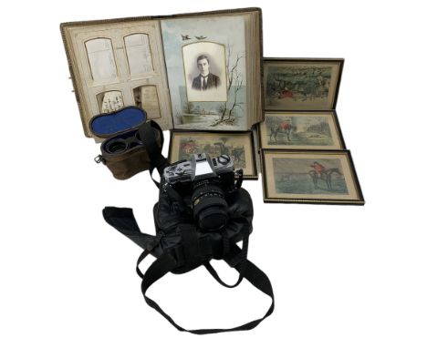 Minolta X-300 SLR camera, After John Leech, set of four Mr Jorrocks hunting prints, pair of binoculars, Victorian photograph 