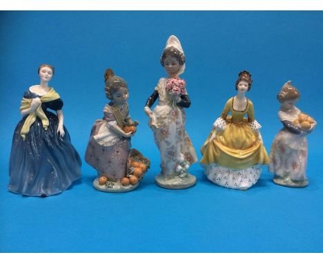Three Lladro figures and two Royal Doulton ladies