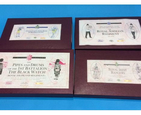 Four Boxed sets of Britains, Royal Anglian Regiment Pipes and Drums of the 1st Battalion, The Black Watch, Royal Irish Ranger