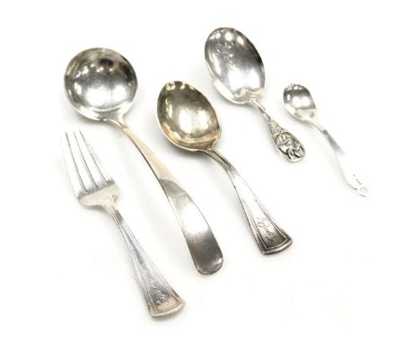A sterling silver child's fork and spoon, engraved 'Betty', further spoon with a rabbit terminal, the bowl engraved 'Betty', 