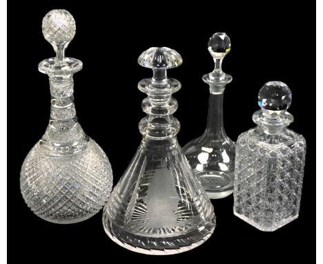 A cut glass decanter and stopper, etched with a sailing ship, above a banner 'Outward Bound', 29cm high, 19thC cut glass glob