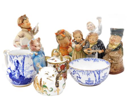 A group of pottery and porcelain, including a Royal Doulton figure Mother's Help HN2151, three Hummel figures, a Royal Crown 