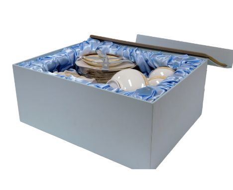 A Wedgwood porcelain Cornucopia pattern part tea service, boxed, comprising teapot, cream jug, sugar bowl, six tea cups, sauc