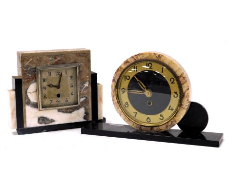 An Art Deco slate and marble mantel clock, square silvered dial bearing Arabic numerals, thirty hour movement, the case of st