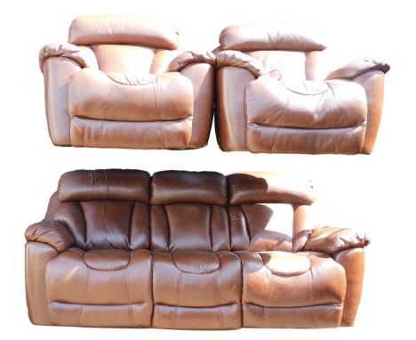 A brown leather three seater sofa, 218cm wide, an electric recliner armchair and further armchair.Buyer Note: WARNING! This l