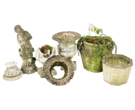 A pair of concrete garden campana urns, 47cm high, further garden urn 39cm high, an octagonal planter, a figure of a seated g