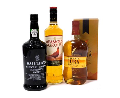 A bottle of Famous Grouse whisky, 700ml, bottle of Rocha's Special Tawny reserve port, 75cl, and bottle of Isle of Jura singl