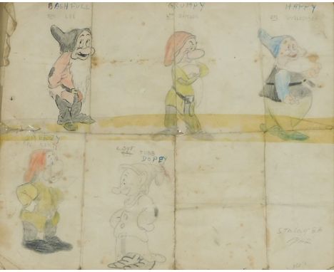 A WWII cartoon picture, drawn by George Bailey, POW, Stalag 86, Germany 1942, showing five of the seven dwarfs, being Bashful