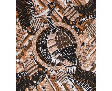 Australian Aboriginal School. Jabiru Feast Dreaming, Churinga silk screen print, 45.5cm x 40cm.