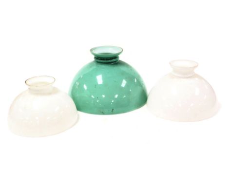 An early 20thC turquoise and opaline glass lamp shade, 40cm diameter, and two opaline glass shades, 33cm and 29cm diameter. (