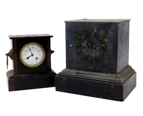 A late 19thC slate cased mantel clock, the fascia set with Roman numerals, eight day French movement, the case of plain form,
