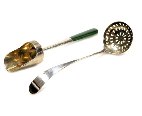 A silver sugar shovel, with a jadeite handle, and a Georgian silver cream ladle, 1.29oz.