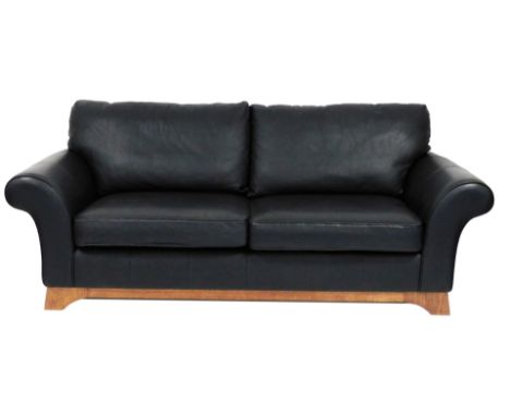 A black leather two seater sofa, 223cm wide.