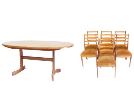 A G-Plan teak dining table and chairs, the oval draw leaf dining table with one additional leaf, 72cm high, 164cm wide, 210cm