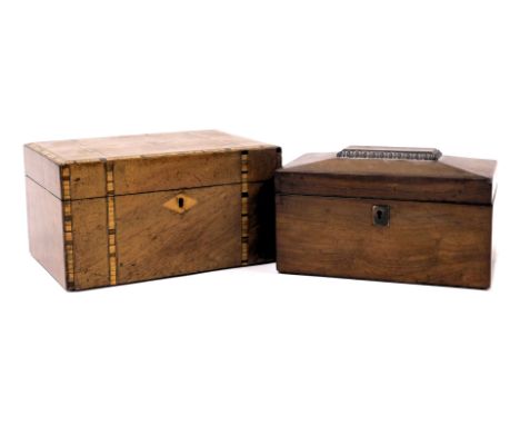 An early 19thC rosewood sarcophagus tea caddy, opening to reveal a vacant interior, 23cm high, together with a Victorian waln