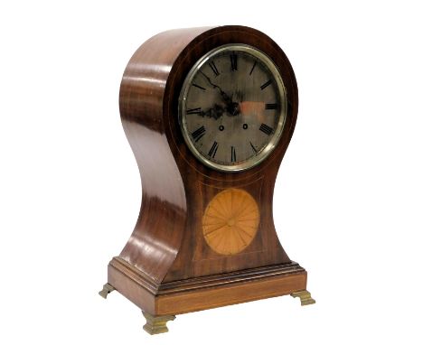 An Edwardian mahogany and inlaid balloon mantel clock, silvered dial bearing Roman numerals, French eight day movement with b