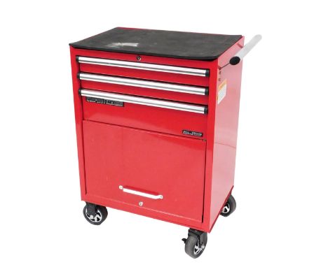 A Clarke HD Plus roller drawer tool cabinet, with three shelves and a lift up door, raised on wheels, 96cm high, 68cm wide, 4