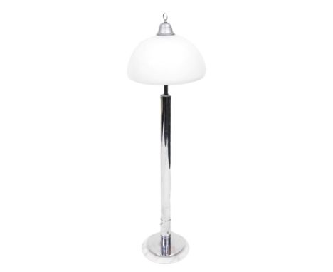 A late 20thC steel and marble standard lamp, with a white glass shade, 141cm high.