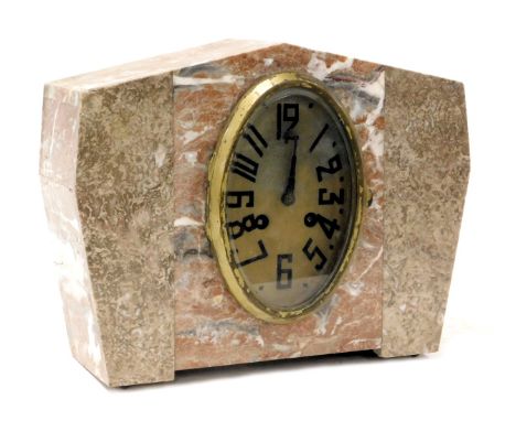 A French Art Deco marble cased mantel clock, oval silvered dial bearing Arabic numerals, eight day movement with bell strike,