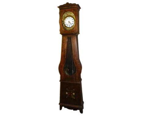 A late 19thC French pine longcase clock by Aubré á Nozay, the oval brass dial embossed with flowers and rococo scrolls, circu