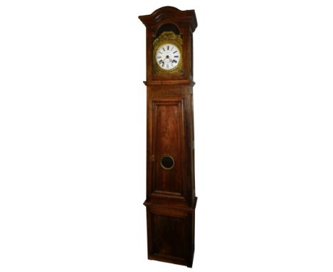 A late 19thC French mahogany longcase clock, by J. Audard á Roanne, the brass fascia embossed with foliate scrolls, circular 