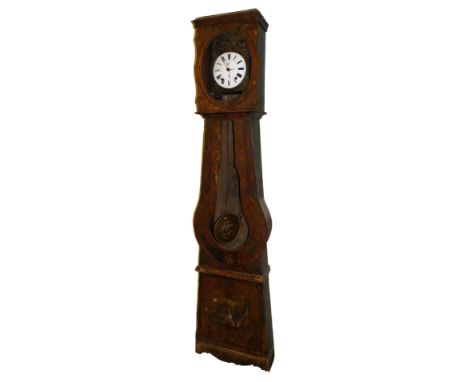 A late 19thC French pine longcase clock, containing a matched embossed metal fascia, with enamel dial bearing Roman and Arabi