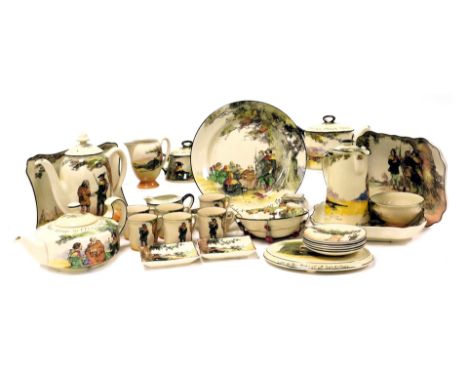 A group of early 20thC Royal Doulton Under the Greenwood Tree series table wares, including teapots, teapot stand, coffee pot