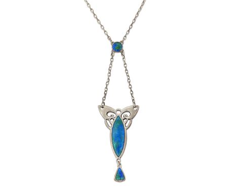 CHARLES HORNER - A SILVER AND ENAMEL PENDANT NECKLACE the pierced pendant filled with blue-green enamel, suspending an enamel