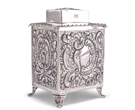 A LATE VICTORIAN SILVER CADDY by Thomas Hayes, Birmingham 1894, of rectangular section, with pull-off cover and splayed feet,