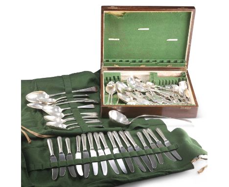 A LARGE QUANTITY OF GEORGIAN AND LATER SILVER FLATWARE including A GEORGE II SILVER LADLE, possibly by Gabriel Wirgman, Londo