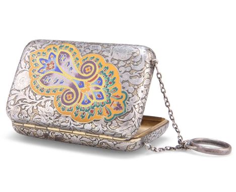 AN ART NOUVEAU FRENCH SILVER AND ENAMEL CIGARETTE CASE French marks, rounded rectangular, push-button opening, enamelled fron