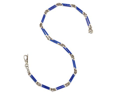 AN EARLY 20TH CENTURY GUILLOCHE ENAMEL GUARD CHAIN rectangular bar links filled with blue guilloche enamel and white enamel e