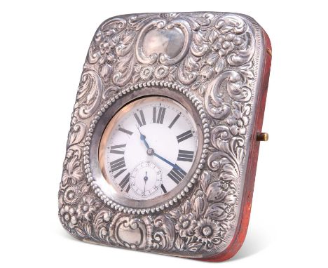 A LATE VICTORIAN POCKET WATCH IN A SILVER-MOUNTED CASE by Douglas Clock Co, Birmingham 1900, the silver-mounted rectangular v