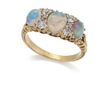 A LATE 19TH CENTURY OPAL AND DIAMOND RING three graduated oval opals spaced by old-cut diamonds, to carved shoulders. Estimat