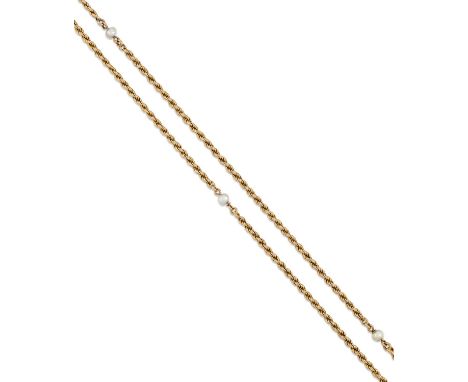 A PEARL GUARD CHAIN  button pearl beads spaced by lengths of rope chain. 139cm long, 17.1 gramsChain connected to an antique 