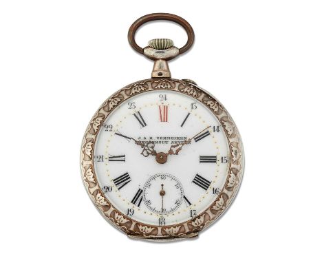 AN OPEN FACED POCKET WATCH the circular white enamel dial with black Roman index and 24-hour outer indications, pierced scrol