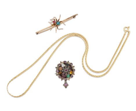 A GROUP OF JEWELLERY comprising A VICTORIAN RUBY AND TURQUOISE SPIDER BAR BROOCH, marked '9CT', 5cm long, 2.9 grams; A UNOAER