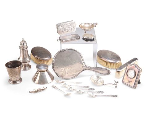 A GROUP OF SILVER AND PLATE including a Dutch silver snuff box, a silver cigarette case, a silver sugar caster, a beaker, a t